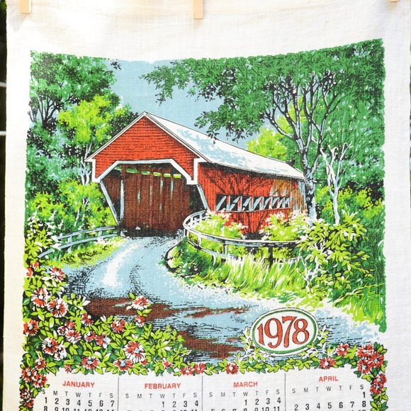 Vintage 1978 Red Covered Bridge in Spring/Summer w/ Flowers Calendar Tea Towel - Picture 7 of 8